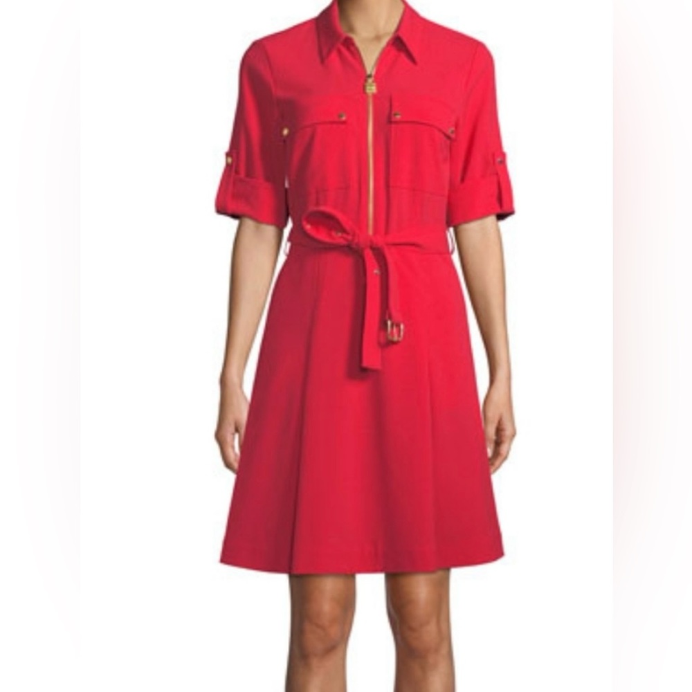 Michael Kors Bright Red Belted Shirt Midi Dress